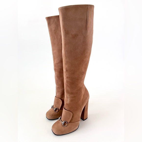 GUCCI | Lillian Horsebit Beige Tan Suede Leather Tall Knee High Heel Boot EU 37 - Picture 2 of 16